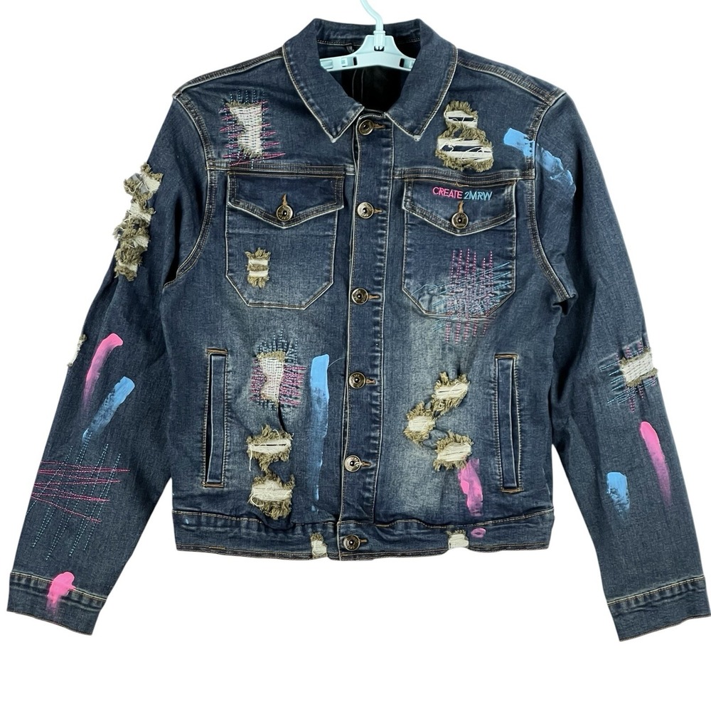 NWT Create 2MRW Men's Stretch Blue Jacket Size M Distressed Hand Painted $160.00